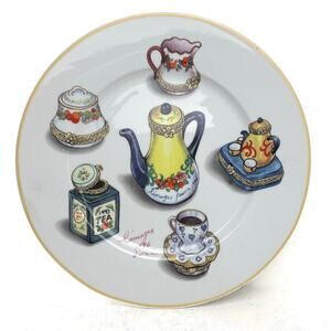 Limoges French France Tea Themed Dinner Plate Signed 1996 10.25 Inch Round